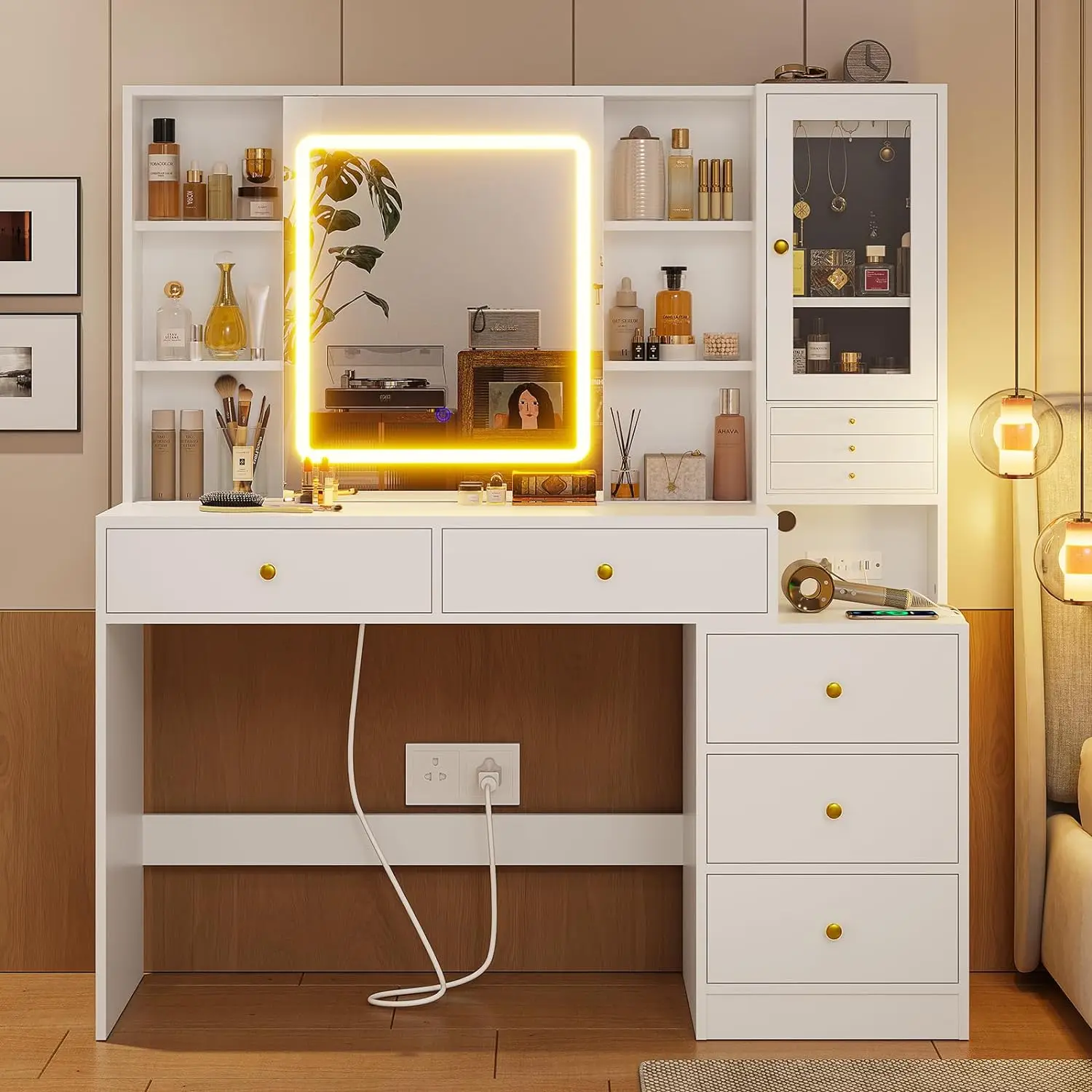 

Makeup Vanity w/ Charging Station & 3-Layer Jewelry Box, Vanity Desk w/ Sliding Mirror and Lights w/8 Necklace Hooks & 5 Drawers