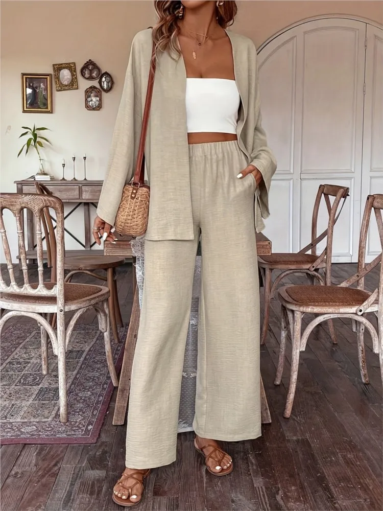 Pant Sets 2 Piece Sets Women Outfit Solid Color Pocket Fashion Suit Casual Cardigan Wide Leg Pants Two Piece Set Casual Office