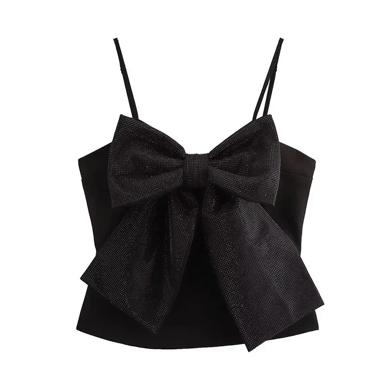 Camiseta sin mangas con lazo grande y lentejuelas para mujer, negra, sin mangas, sin espalda, con cremallera, estilo Y2K, ropa de fiesta para mujer