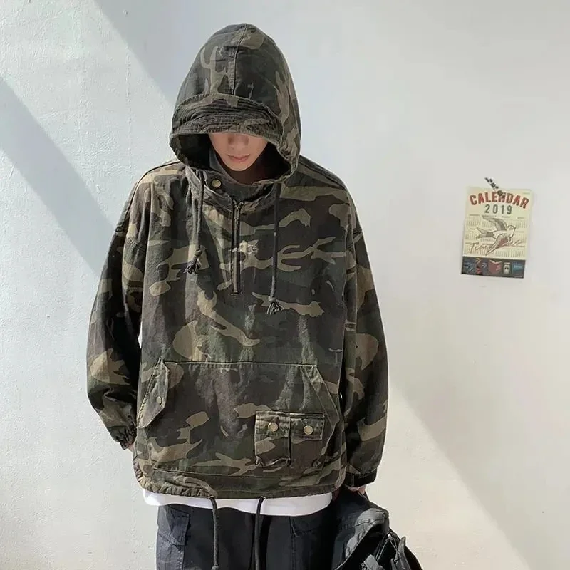 Japanese Camouflage Jacket Cargo Hooded Coats Men's Retro