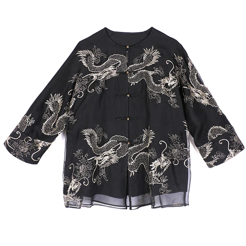 

New Chinese Style O-Neck Light and Thin Coat for Women's Silk 2024 Summer New Product High Grade Embroidery Dragon Top S-XXL