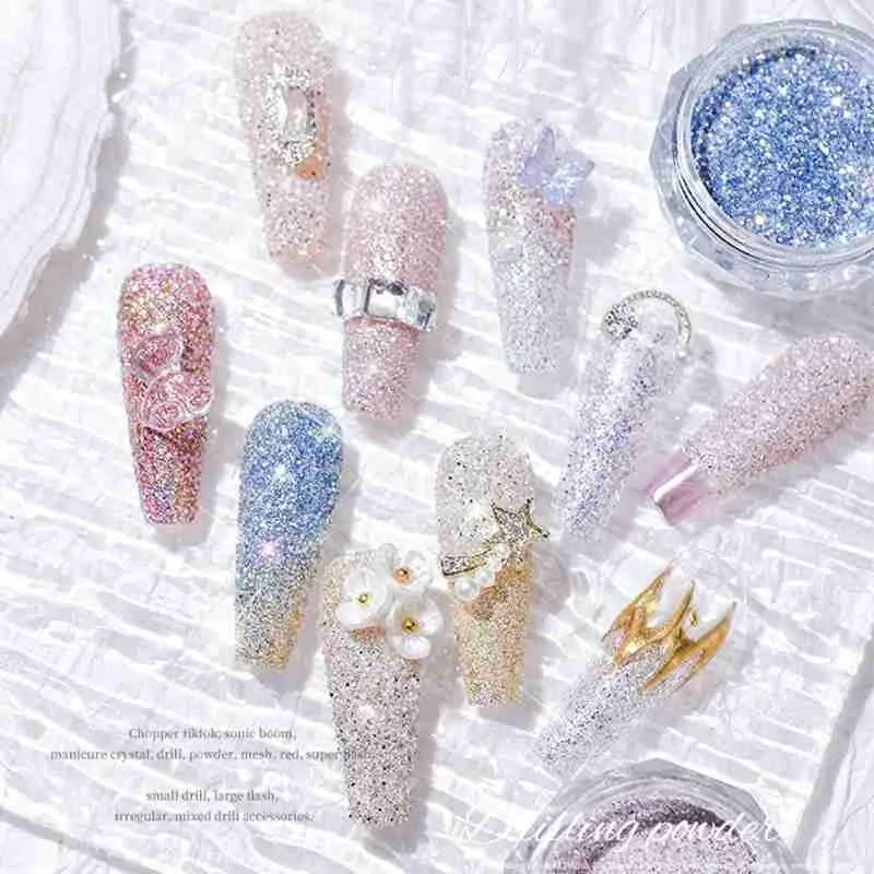 Description Picture 2 of item1 Bottle Pink Crystal Diamond Glitter Powder 8 Colors Holographic Shiny Rainbow Pigment Dust Micro Drill Nails Art Powder &*&