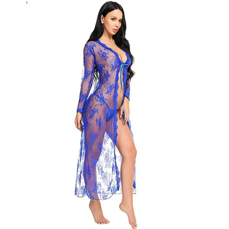 Lace Mesh Transparent Robe Nightgown women dress women sleepwear Women's Deep V-Neck Home Ultrathin Nightgown