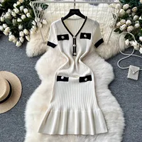 YuooMuoo Brand Fashion Knitted Mermaid Dress 2026 New Elegant V-neck Buttons Ribbed Sweater Dress Lady Bodycon Party Vestidos - Image 3