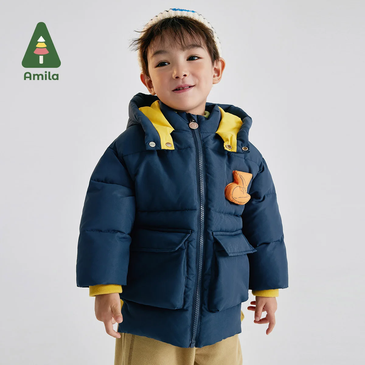 

Amila Baby Boy Cotton-padded Clothes 2023 Winter New Hooded Fashion printing Parsnip Cartoon Pattern Warm Baby Clothing