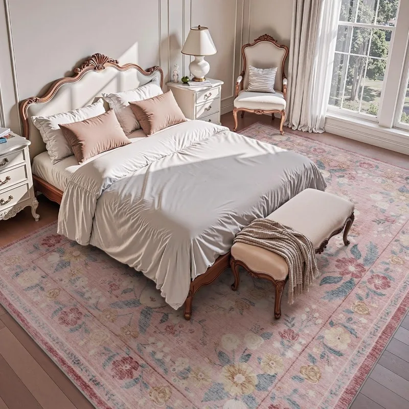 Retro Living Room Carpet Large Area Floral Print Bedroom Rug Machine Washable Foldable Non-slip Coffee Table Floor Mats Alfombra