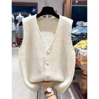 French Knitted Vest Sleeveless V-Neck Outerwear Jacket Polo Collar Polyester Fabric Casual Elegant Style for Women