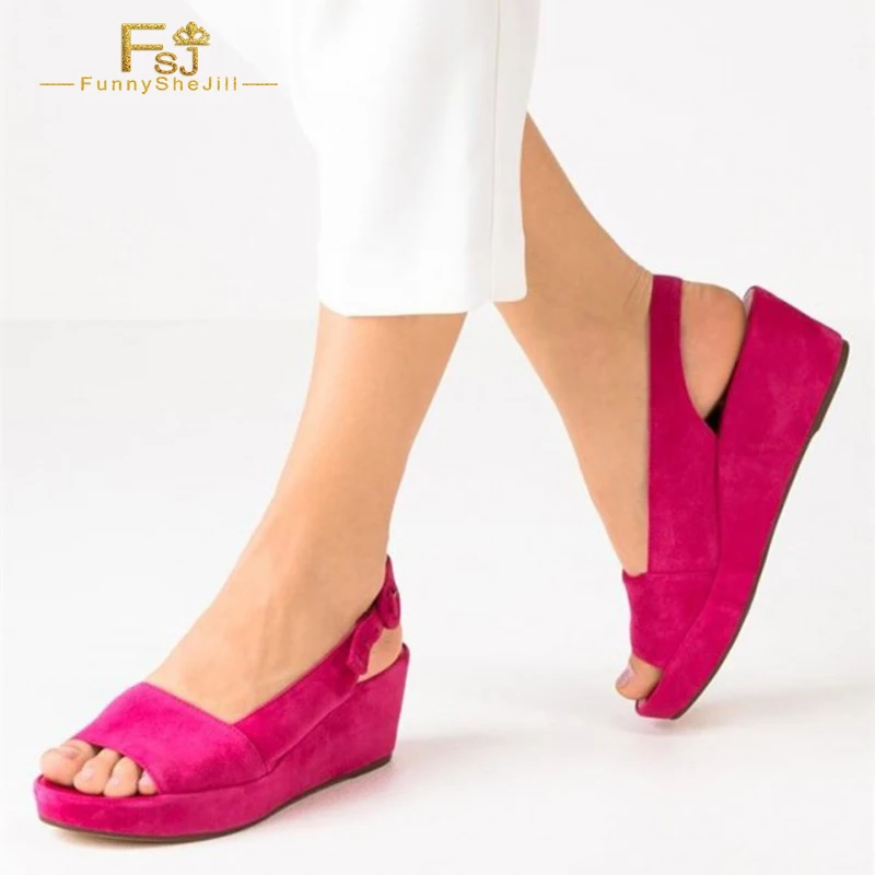 

Fuchsia Suede Slingback Platform High Wedge Heels Women's Sandals Solid Open Toe Ladies Summer Dress Office Shoes Large Size 14