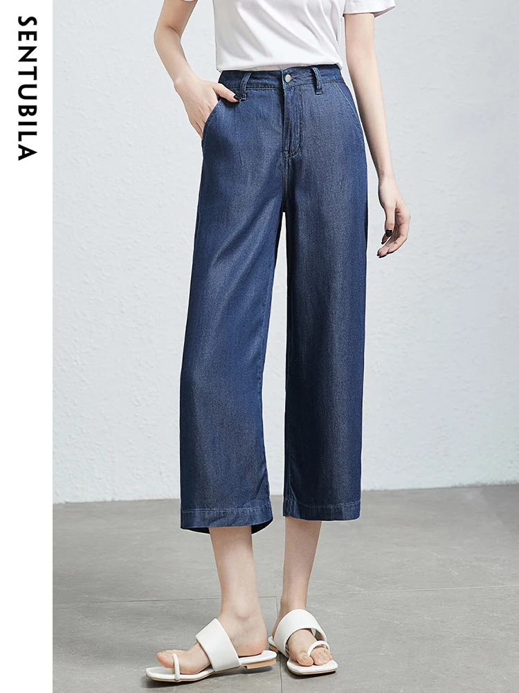 

SENTUBILA 100% Lyocell Casual Jeans for Women 2023 Summer Baggy New High Waist Tencel Straight Denim Calf-Length Pants W32N49894