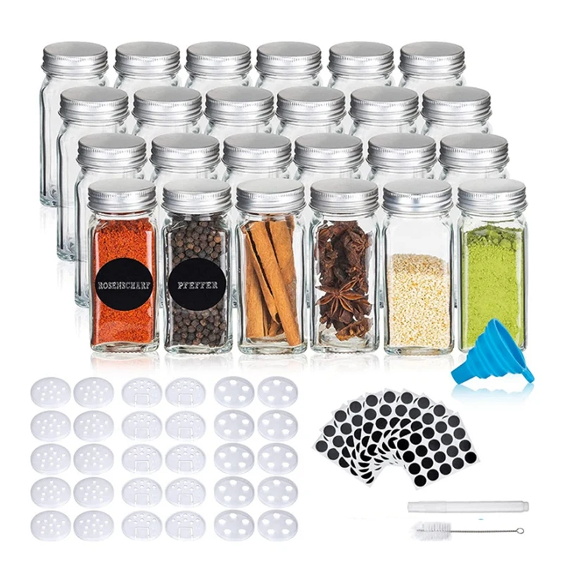 

Spice Jars Spice Glass Container Square Spice Container Spice Jars With Funnel, Brush, Labels 120 Ml/4 Oz, Set Of 24 Pcs Retail