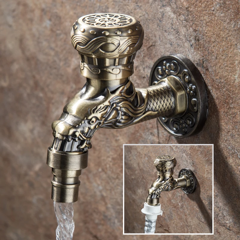 

Wall Mount Bibcock Antique Dragon Carved Zinc alloy Retro Small Tap Decorative Outdoor Garden Faucet Washing Machine Mop WC Taps