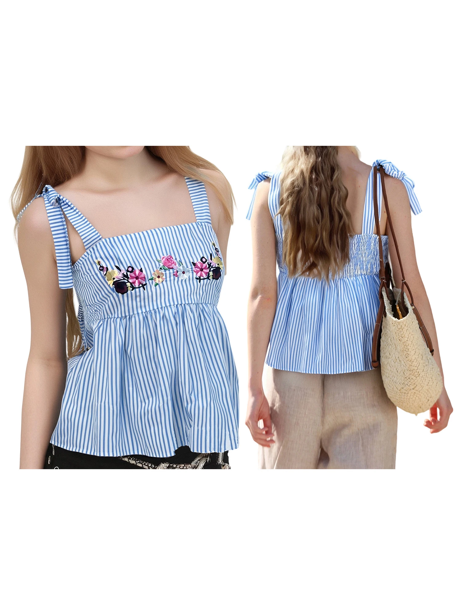 Women s Striped Tie Shoulder Tank Tops with Square Neckline and Floral Embroidery Detail Sleeveless Casual Summer Vest