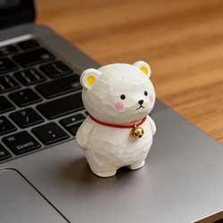 Charming Hand - Carved Wooden Bear with Bell - Natural Wood Figurine for Home Decor and Unique Gift (WHITE)