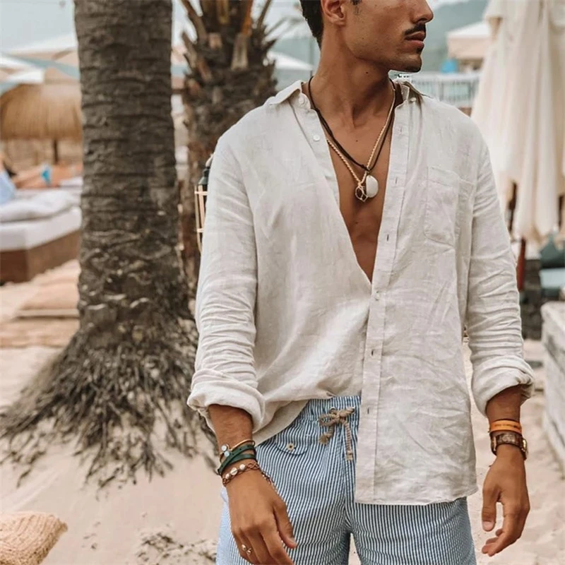 

Men's Summer New Trend Long-sleeved Shirt Thin Button Cotton Linen Shirt Beach Shirt Holiday Shirt Loose and Comfortable
