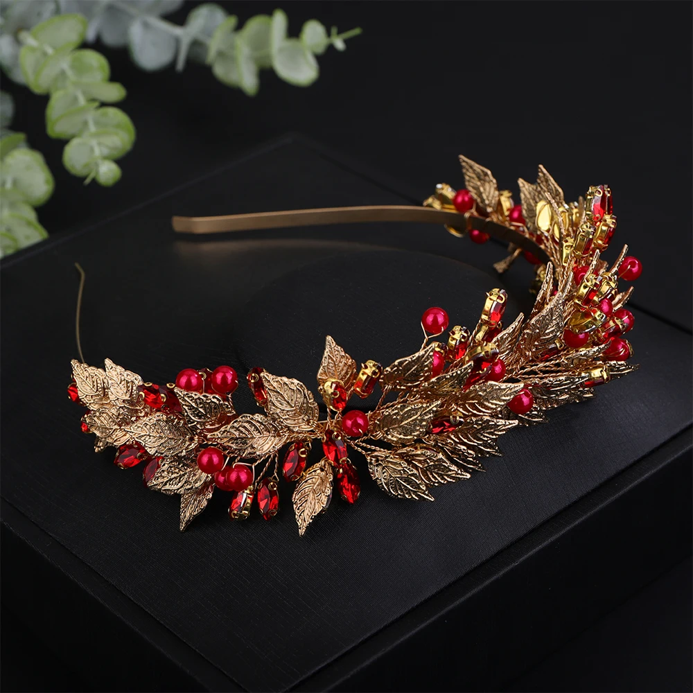Bridal Crown Headband Hair Accessories for Women Pearl Rhinestones Diamonds Leaves