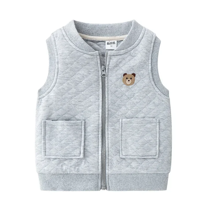 Casual Spring Boy Girl Waistcoat 2-8Y Children's Vest Cardigan Cotton Pocket Sleeveless Vests School Clothing Navy Blue Grey