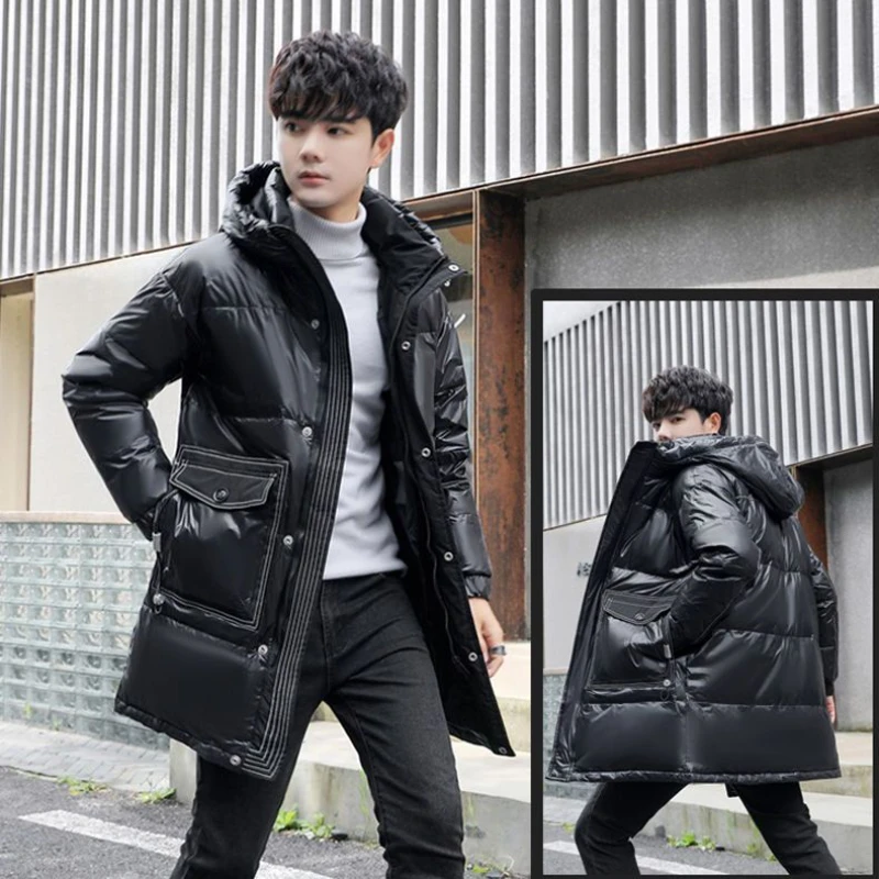 hooded woolen coat men winter clothe new thick loose casual jacket hong kong style preppy handsome unisex mid length windbreaker 2023 New Men Down Jacket Winter Thick Coat  Mid Length Version Parkas Given To Philandering Outwear Warm Loose Hooded Overcoat