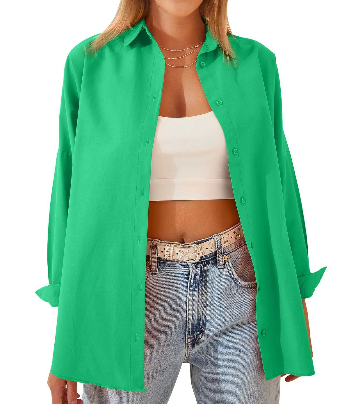 Womens Clothing V-neck Solid Button Long Sleeve Casual Blouse