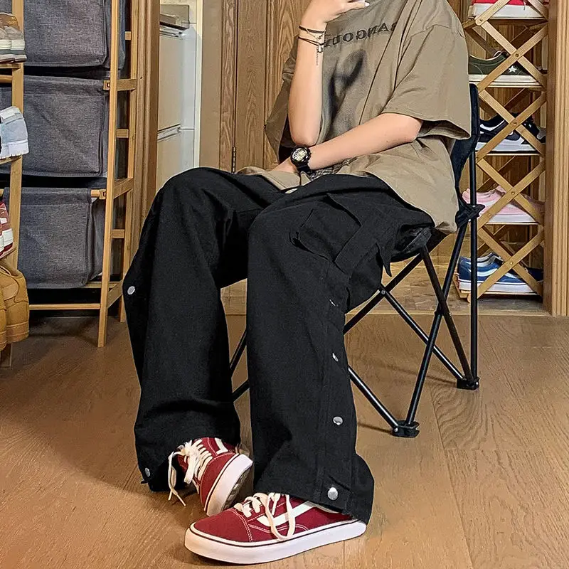 Summer New Solid Color Fashion Elastic Waist Cargo Pants Man Drawstring Pockets Patchwork Button Pure Cotton Y2K Straight Pants