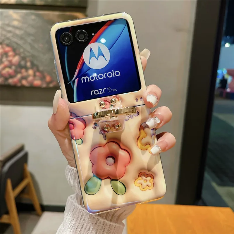 Ring Blu-ray Flower Phone Case For Motorola MOTO Razr 40 Ultra PC Protective Cover