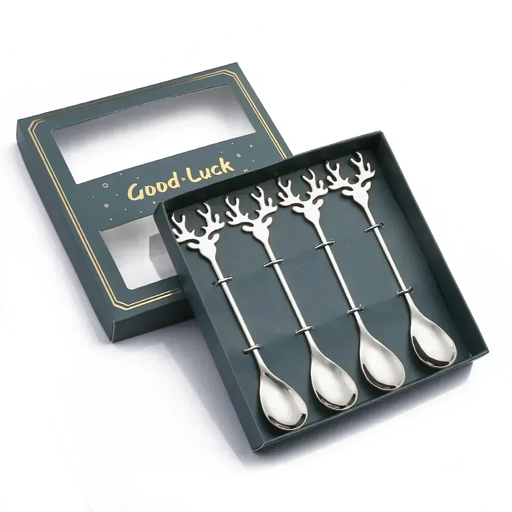 thumbnail image 1 of 4pcs Christmas Elk Head Shape Stainless Coffee Spoon New Year 2024 Christmas Decoration Table Decor for Home Navidad 2023 Gifts, 1 of 5