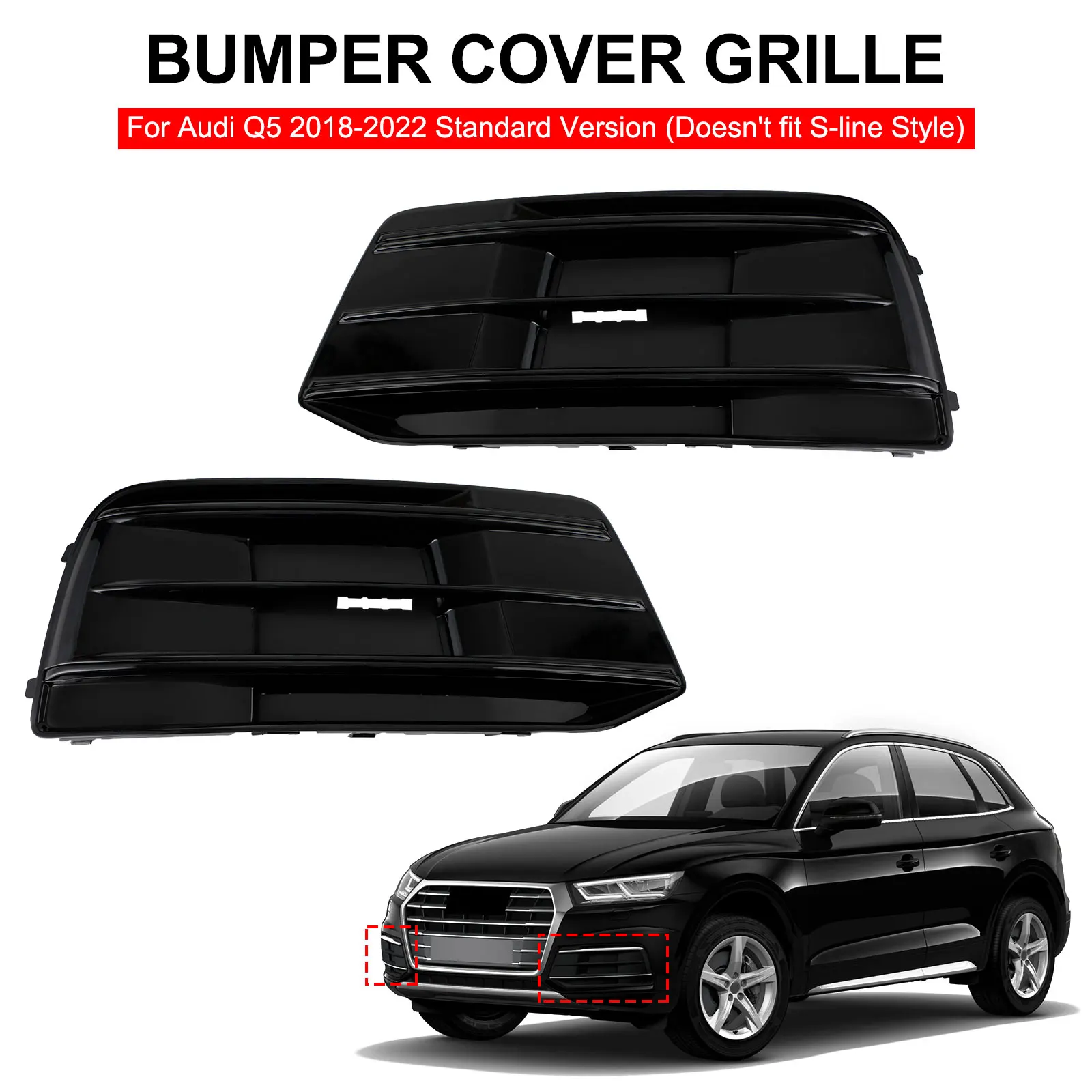 

Artudatech 2PCS Front Bumper Cover Grille Bezel Insert Fit For Audi Q5 2018-2022 Gloss Black Car Accessories