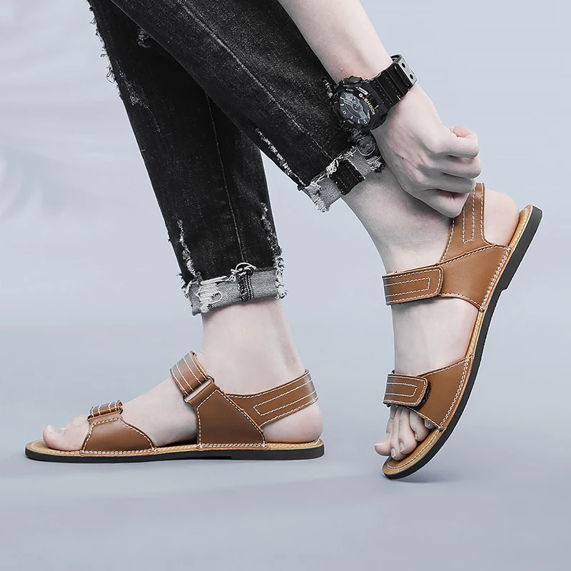 2023 Beach Shoes Summer Cow Leather Men Sandals Size 38-47 Men's Black/brown Leather Breathable Comfortable Sandals Beach Shoes