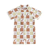 Toddler Baby Boy Swimsuit Rash Guard Beachwear Cute Tree Print Short Sleeve Zipper Romper Bathing Suit Swimwear for Boys 3