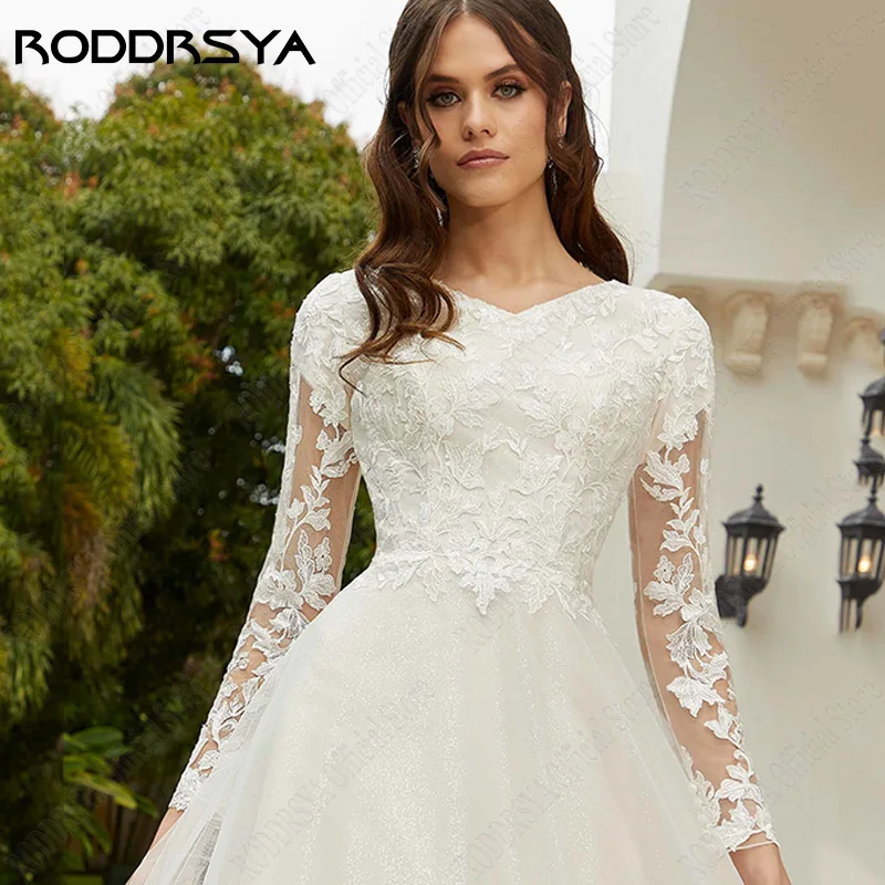 Wedding Dresses RODDRSYA Lace Long Sleeves Civil High V-neckline A-line Tulle Bridal Gown Plus Size