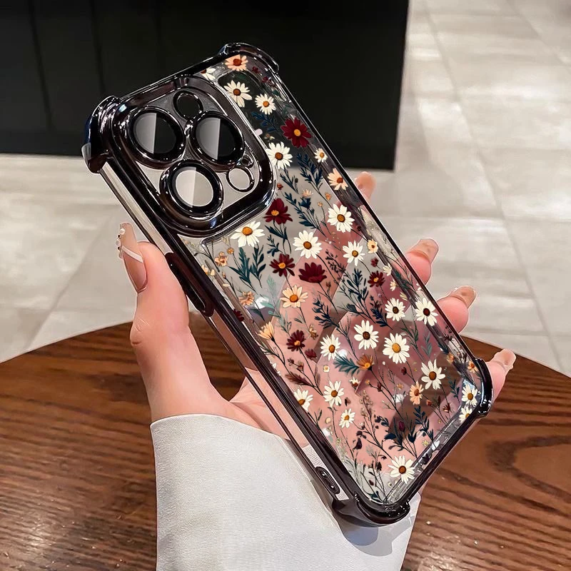 Elegant Daisy Flower Plating Airbag Phone Case - Transparent Shockproof Design