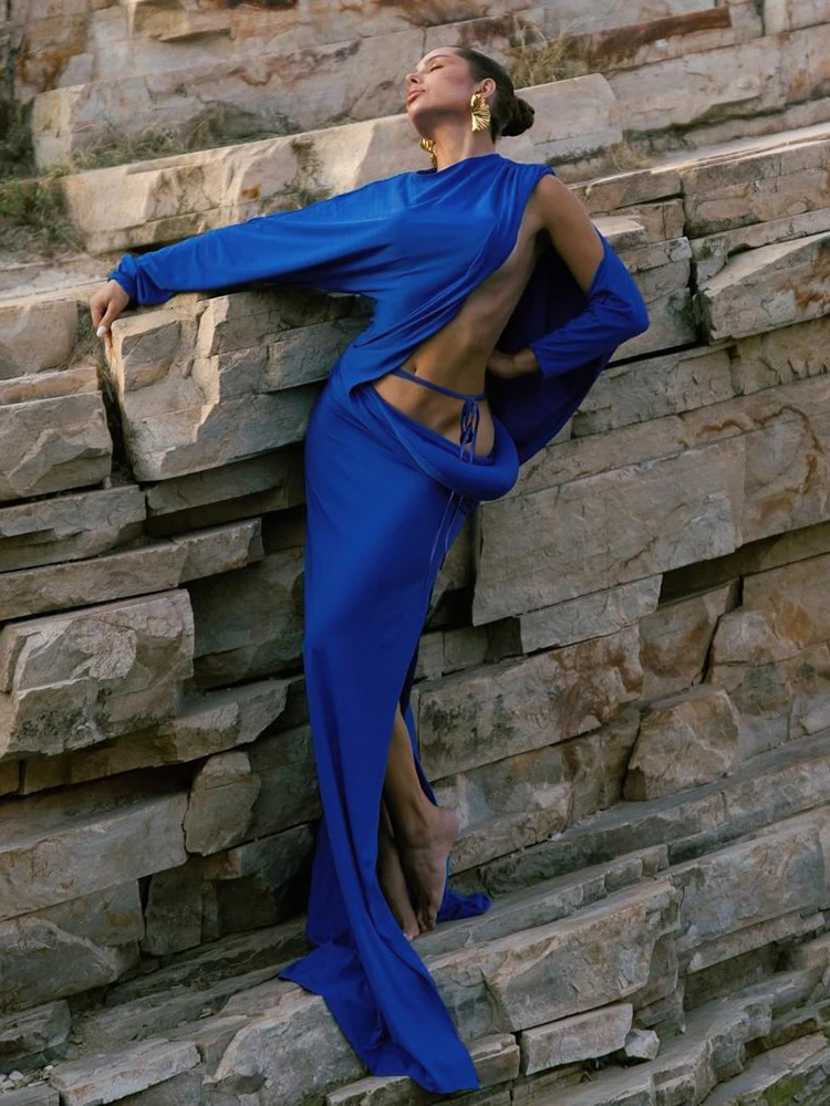 Nibber Waistless Long Dresses Woman Irregular Hollow Design Autumn Style o-Neck Full Sleeve Vacation Fashion Elegant Vestidos