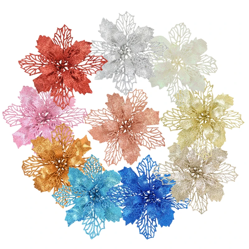 

10pcs 11cm Glitter Artifical Christmas Flowers Christmas Tree Decorations for Home Fake Flowers Xmas Ornaments New Year Decor