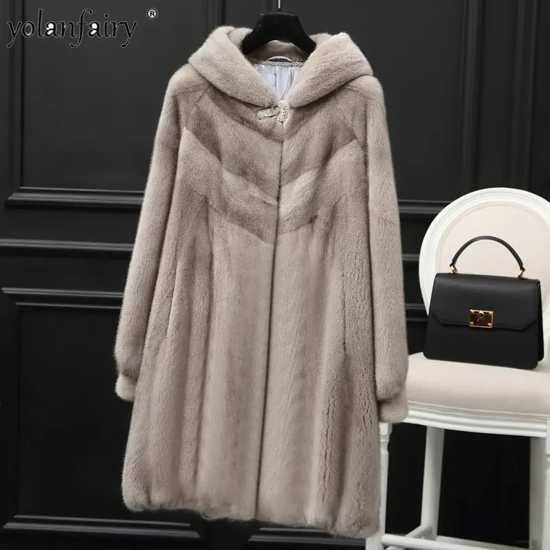 

Real Mother Mink Fur Coat Women Full Mink Coats Medium Long Fur Hooded Jackets Femme Korean Winter New In Outwears Tops FCY4505