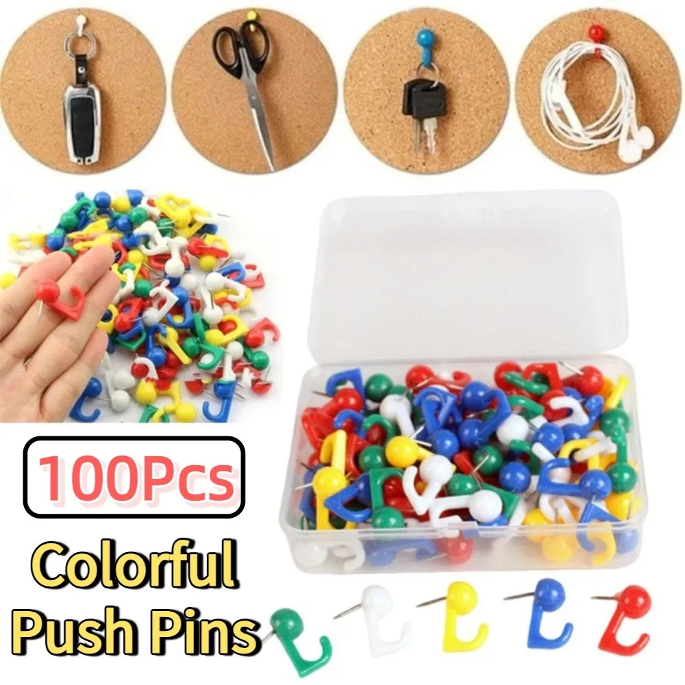 100개 DIY 컬러풀 푸시핀 재사용 가능한 다기능 핀 박스 포함 간편 설치 보드 핀 학교 문구