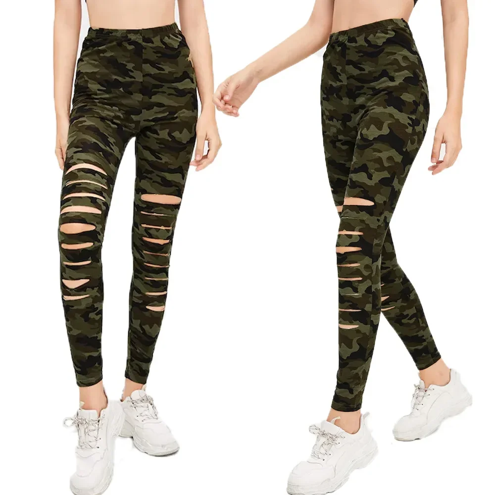 Seamless Black Punk Ripped Leggings For Women High Waist Hole