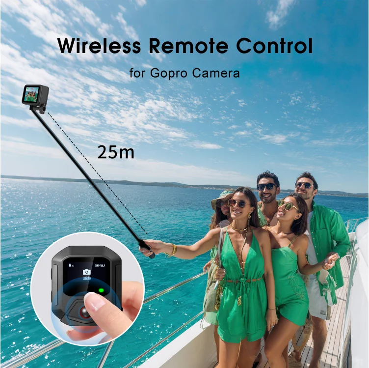 Télécommande sans fil pour GoPro Hero 13 posée à côté d'une caméra, avec boutons lumineux.