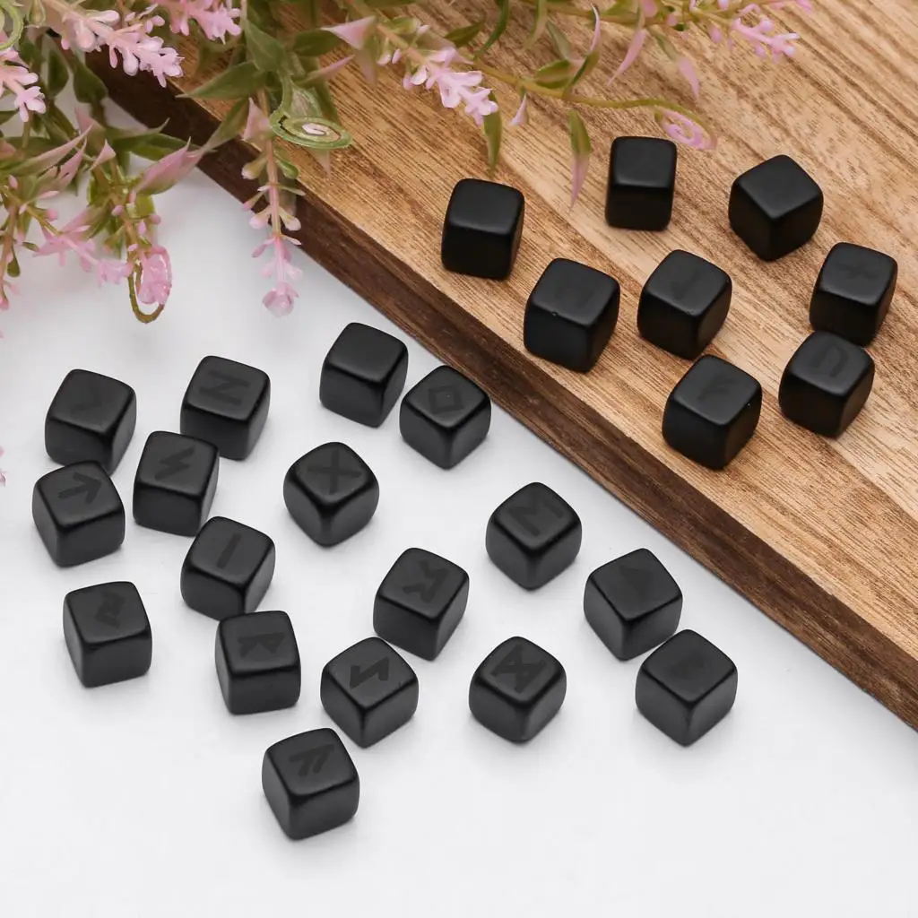 25Pcs/Set Black Obsidian Rune Stones With Titanium Engraved Elder Futhark Alphabet Symbol For Charka Balancing Meditation