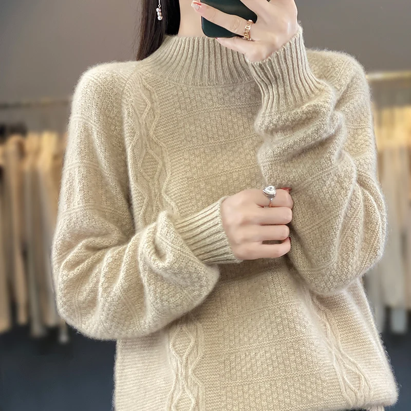 

Autumn and Winter New 100% Wool Cashmere Women's Sweater Half High Collar Pullover Casual Knitted Korean Loose Fashion Top