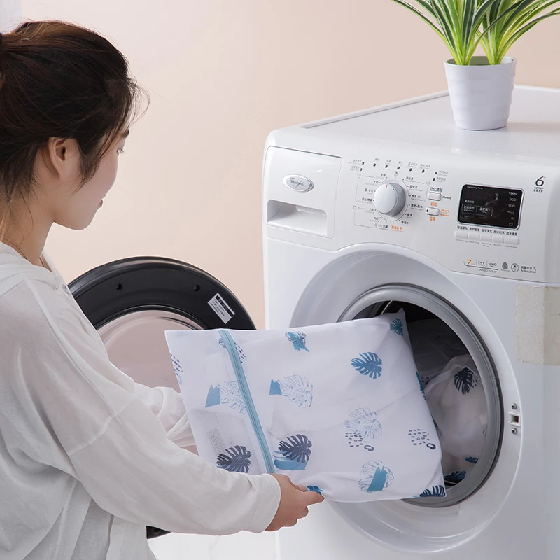 Laundry Bag Print Blue Leafves Dirty Clothes Cleaning Protect Washing Bag Household Clothes Organizer Mesh Zipper Laundry Bags 2