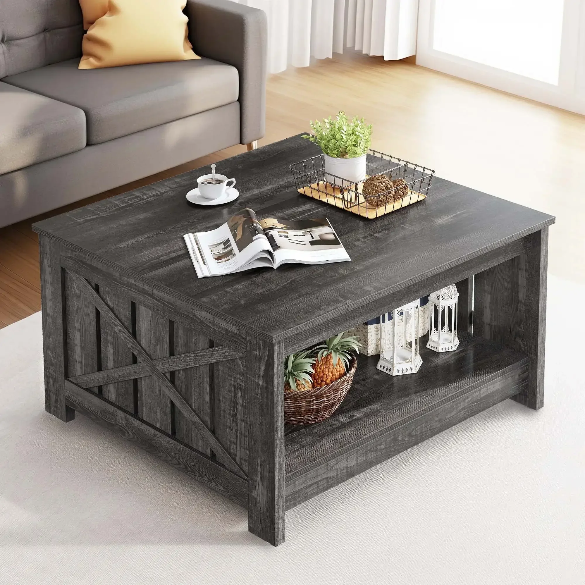 Square Coffee Table, Farmhouse Coffee Table with Half Open Storage Compartment, Rustic Gray 4