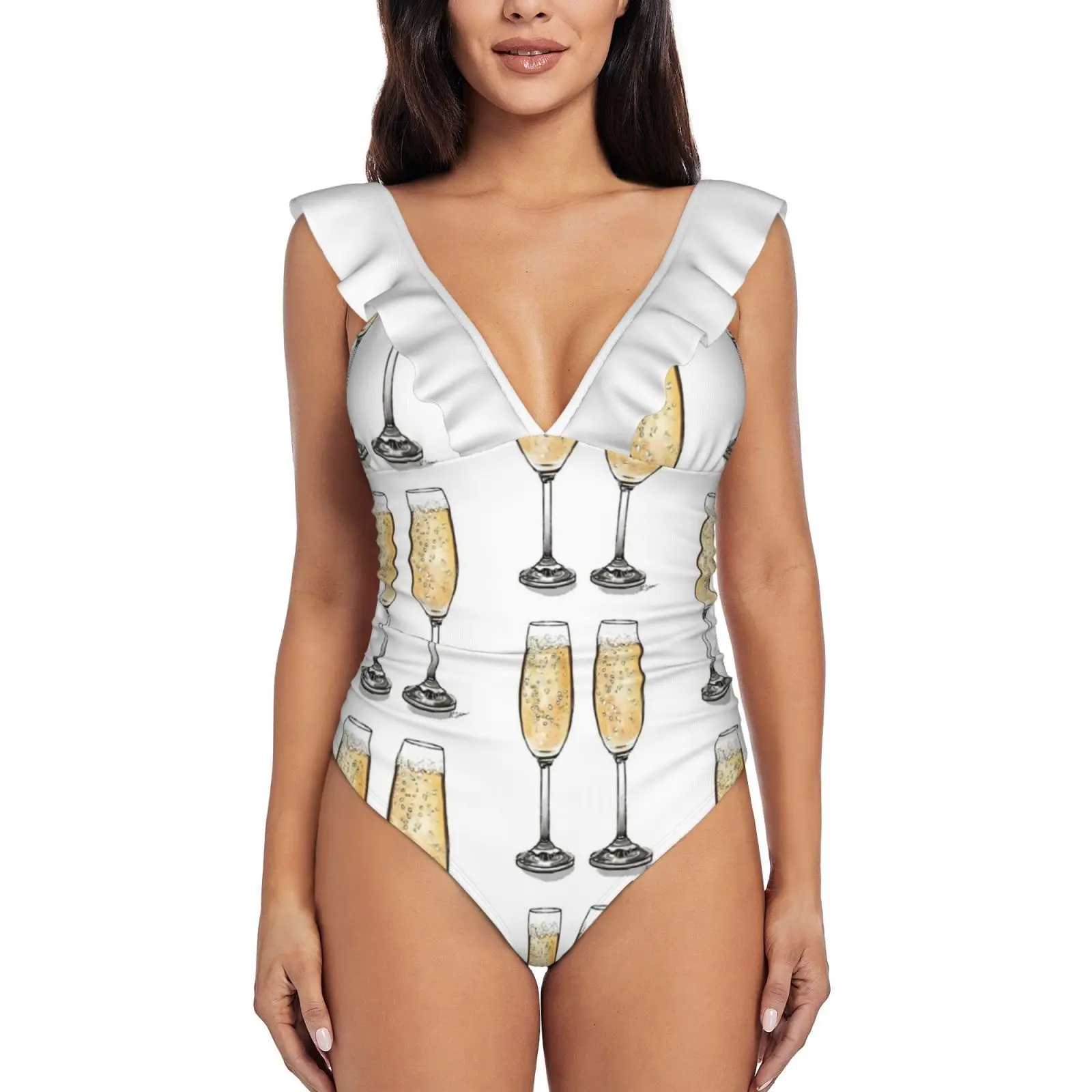 Cheers! Women Ruffle One Piece Swimsuit Sexy Bodysuit Monokini Swimwear Bathing Suit Champagne Bubbly Cocktails Cava Prosecco