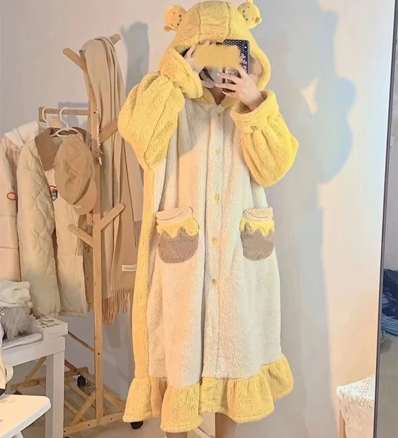 Women Nightgown Winter Flannel Robes Sweet Hooded Sleepshirts Female Warm Cute Casual Loose Thick Bear Pajamas Plush Nightwear