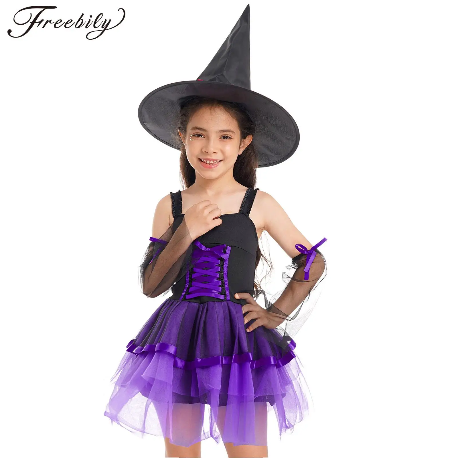 

Kids Girls Halloween Witch Cosplay Costume Tulle Dress with Pointed Hat Gloves Theme Party Masquerade Carnival Sorceress Clothes