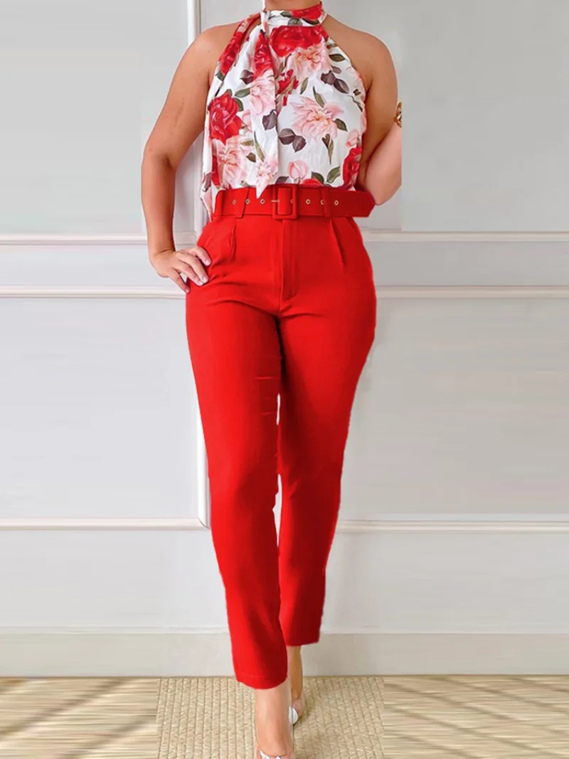 Women High Waist Ankle-Length Pants Outfits Summer Halter Tops Slim Fit Pants Two Piece Set Female Office Patchwork Trousers Set