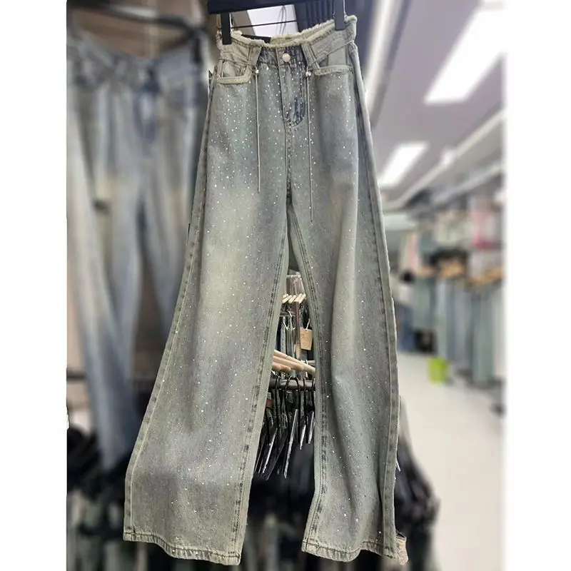 Heavy Embroidery Hot Drilling Starry Raw Hem High Waist Jeans Women's Summer Thin Loose Fashion Mop Wide Leg Pants