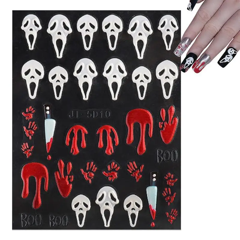 Halloween Nail Stickers 5D Skeleton Ghost Pattern Nail Decals Self-Adhesive Creepy Cosplay DIY Nail Art Decorations For Women 3