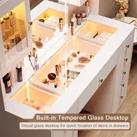 Large LED-lit Glass Top Makeup Vanity Desk with 7 Drawers, 3 Cabinets, and Charging Station, White 3