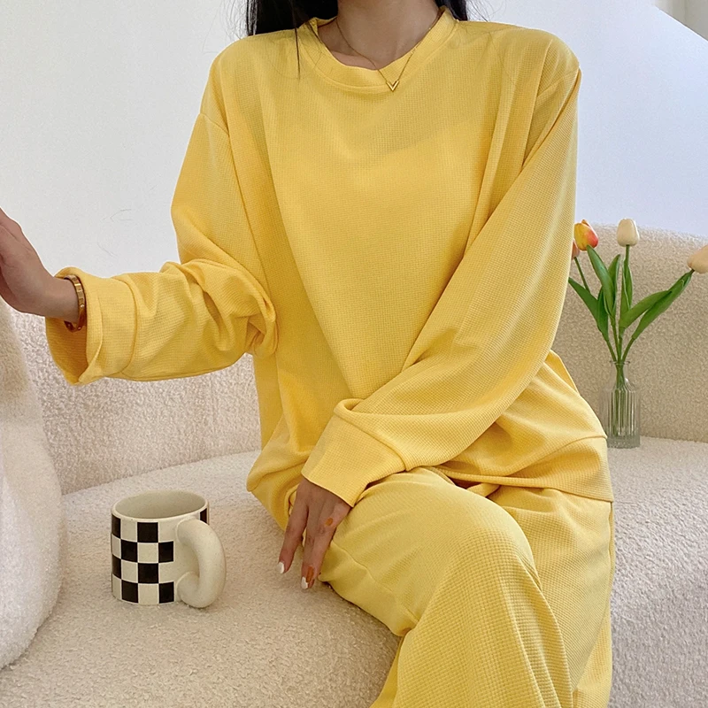 Spring and autumn pajamas women's loose and casual round neck can wear solid color plaid knitted cotton home clothes 2-piece set