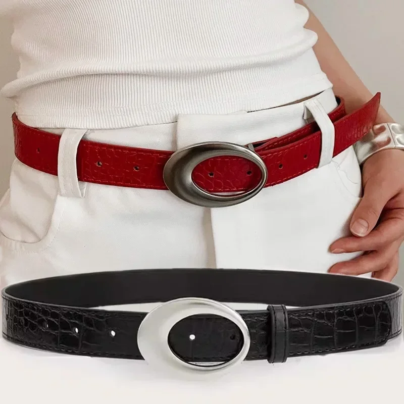 Vintage American Belt Crocodile Lines for Women Men Fashion Pu Leather Punk Metal Buckle Jeans Pants Advanced Red Waist Belts