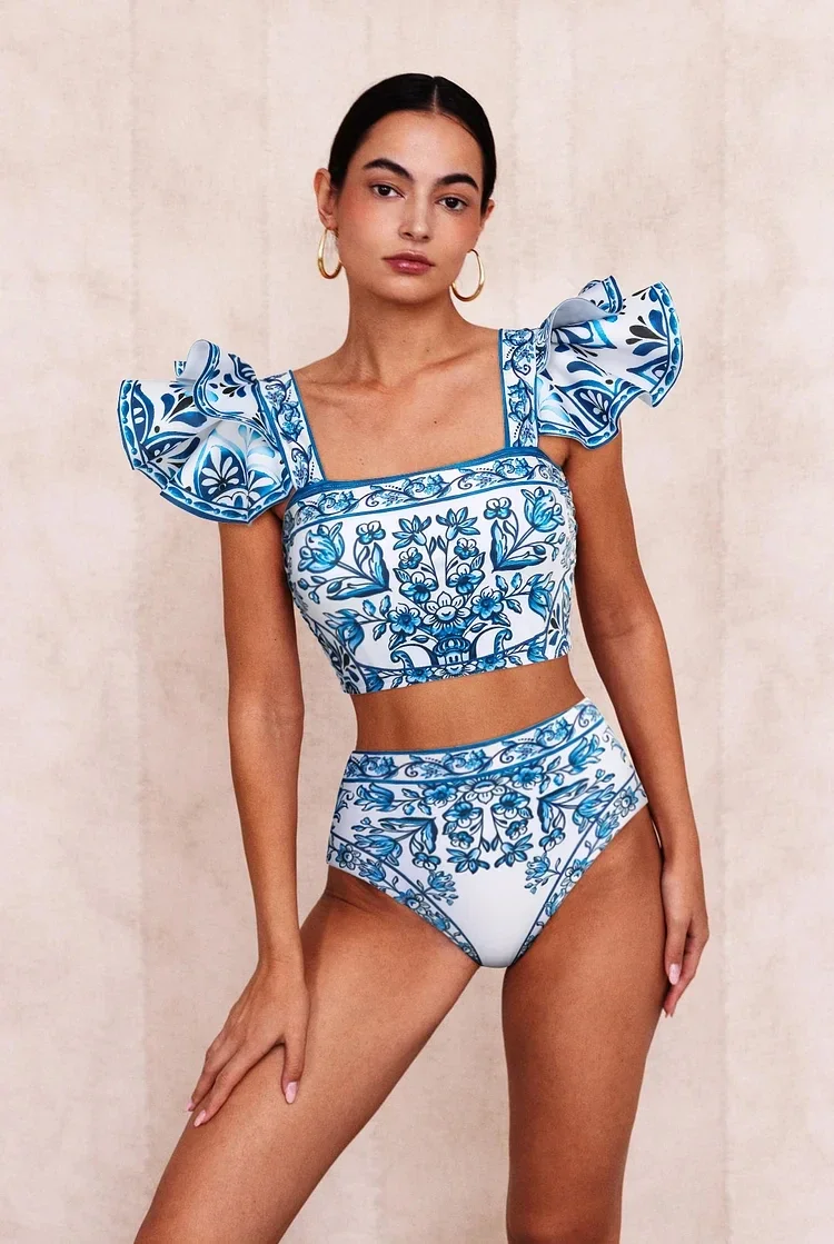 Women bikini set  Ruffle Blue and White Porcelain Pattern Majolica Print Swimsuit and Sarong Swimwear  Bathing Suit